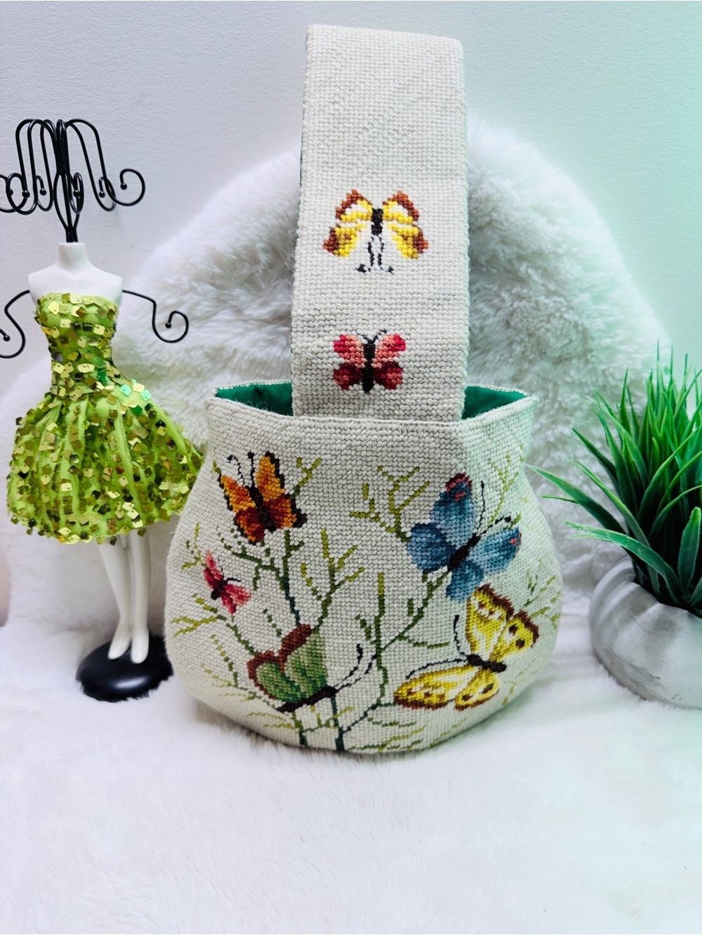 Handcrafted Butterfly Tapestry Basket Purse Yellow, Blue, Green Accents 🦋